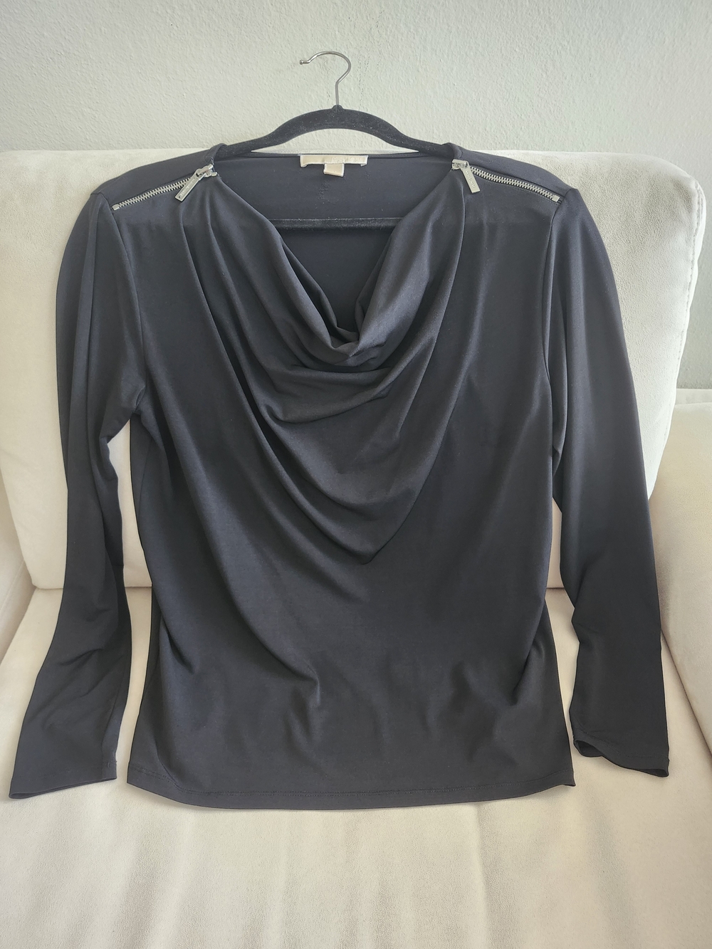 Michael Kors Black Draped Cowl Neck Long Sleeve Top with Silver Zip Detail